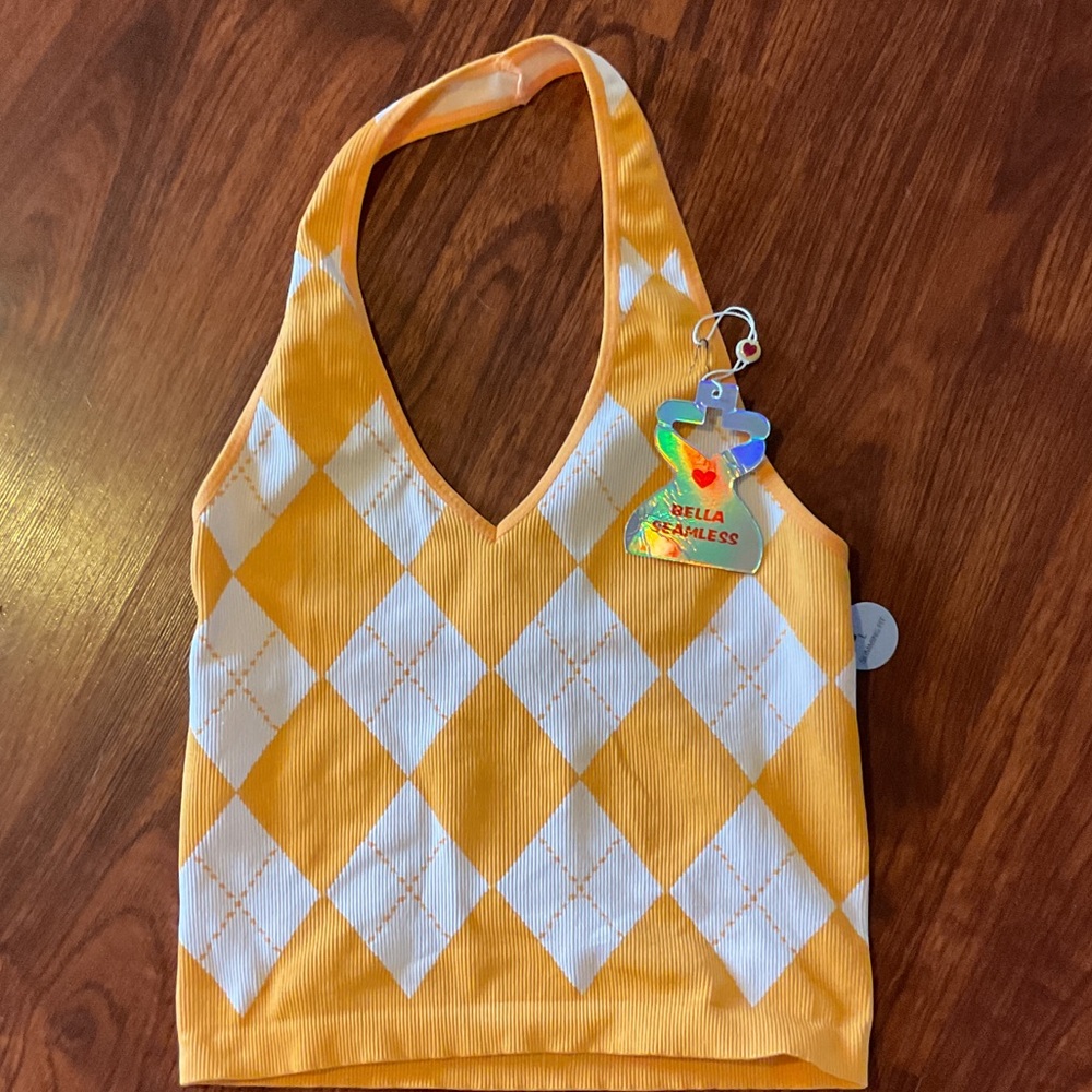 BNWT Bella Seamless Yellow Argyle woman’s  Halter Top